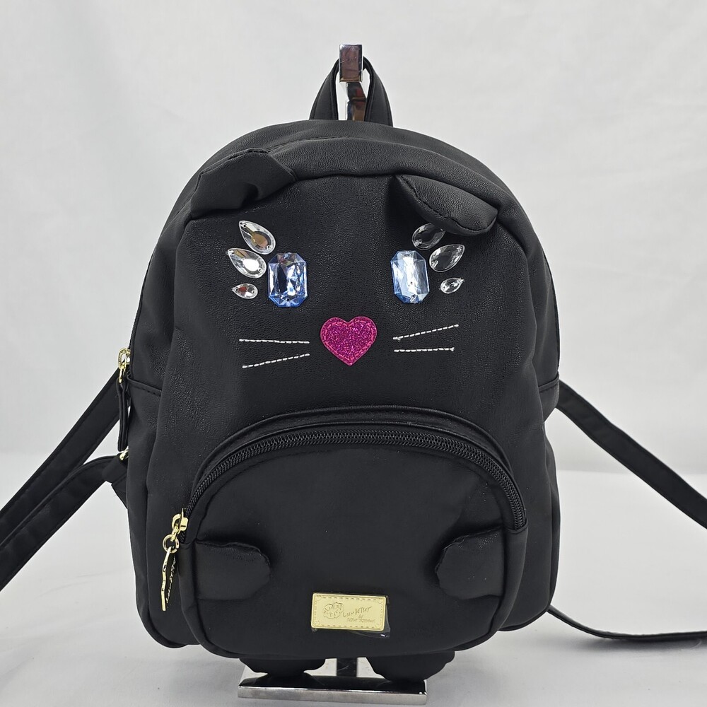 Betsey Johnson Black Cat Embellished Jeweled Bling Backpack Small Faux Leather